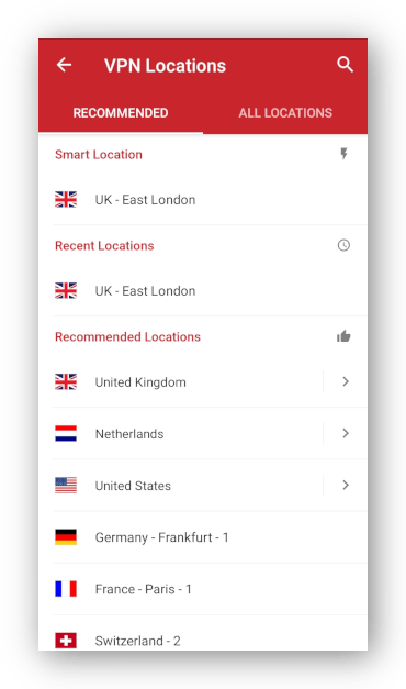 Snímka obrazovky zoznamu umiestnení aplikačných serverov ExpressVPN pre Android