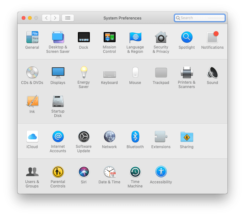 Снимок экрана меню настроек MacOS