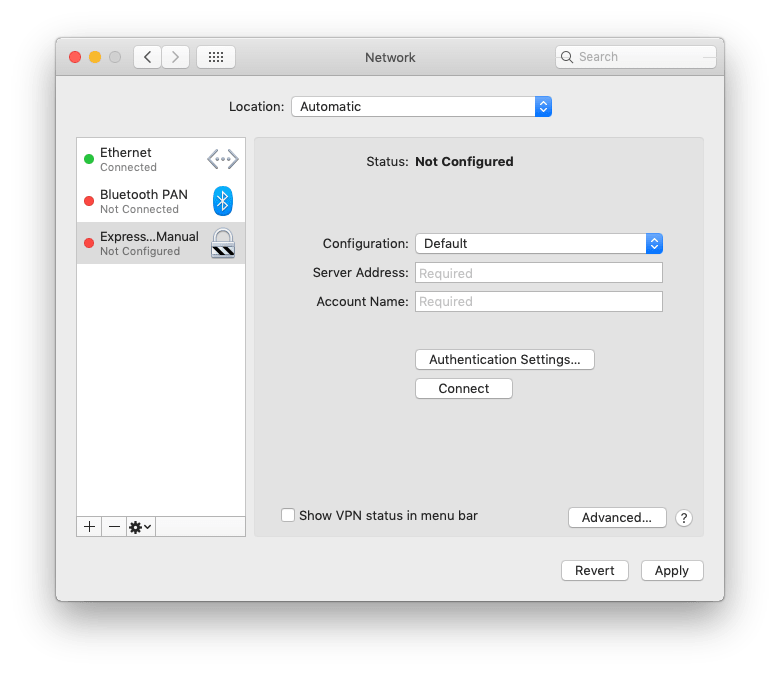 Näyttökuva MacOS L2TP VPN -palvelimen osoitteesta