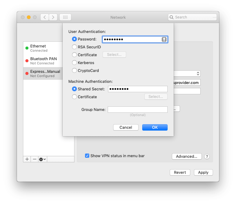 Snimka zaslona lozinke za postavljanje MacOS L2TP