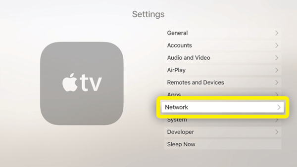 Apple टीवी सेटिंग्स मेनू का स्क्रीनशॉट