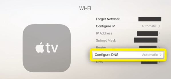 Apple टीवी में DNS सेटिंग्स को कॉन्फ़िगर करने का स्क्रीनशॉट
