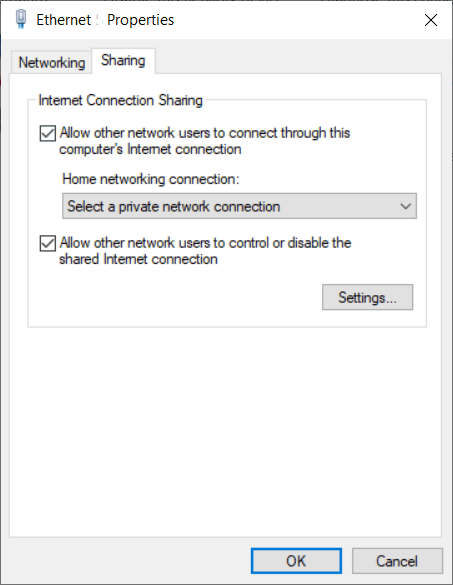 Снимок экрана панели общего доступа к сети в Windows