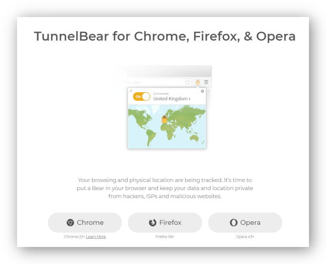 Schermata della pagina di download dell'estensione del browser TunnelBear