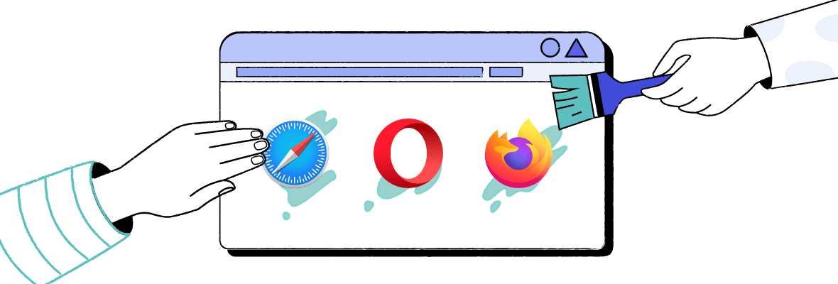 Illustration av en webbläsare med tre logotyper: Safari, Opera och Firefox
