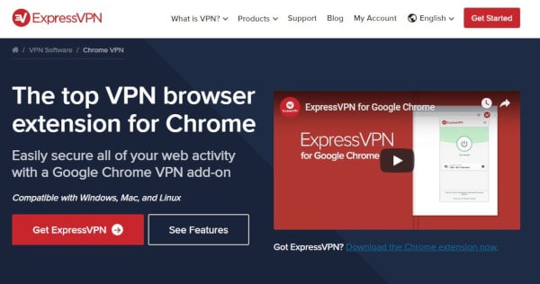 สกรีนช็อตของเว็บไซต์ ExpressVPN หน้าขยายเบราว์เซอร์ Google Chrome