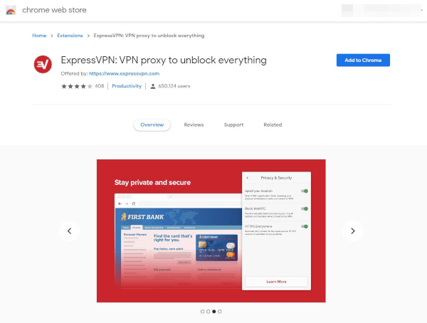 Captura de tela da entrada ExpressVPN na Chrome Web Store