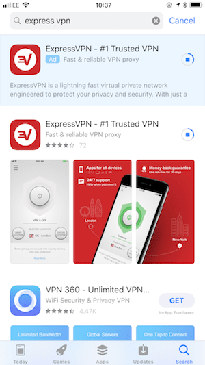 Loja de aplicativos ExpressVPN para iPhone