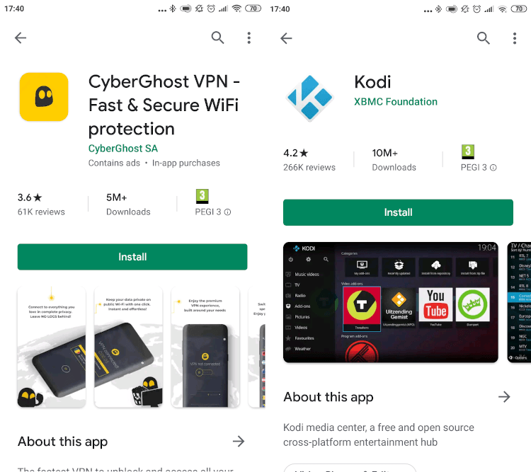 Kodi ve Android'deki Google Play Store'daki bir VPN