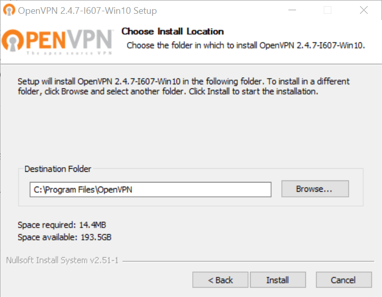 „OpenVPN“ diegimo vietos ekrano kopija
