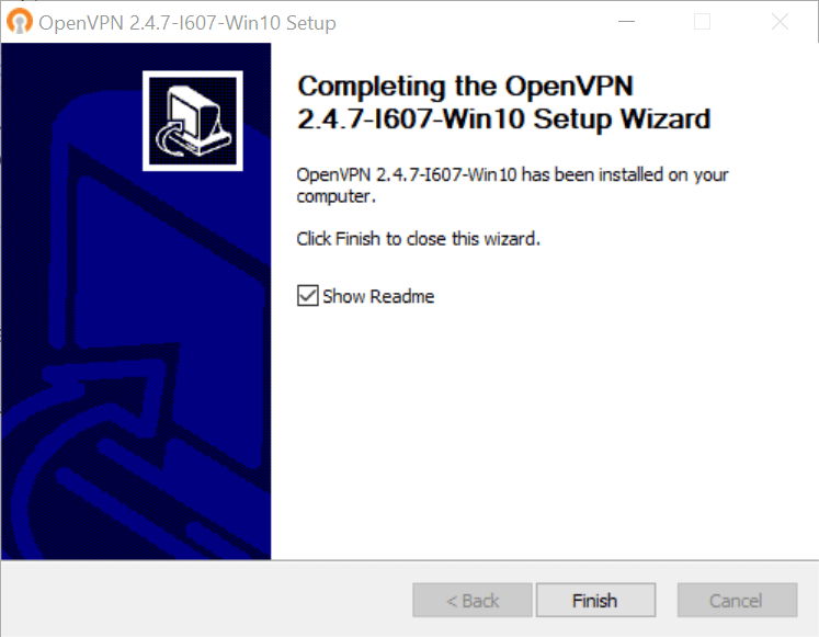 Užbaigto „OpenVPN“ diegimo ekrano kopija