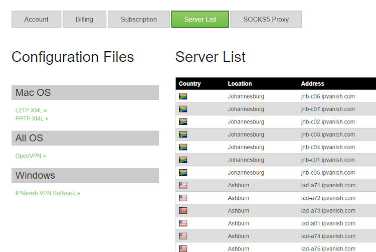 Snímka obrazovky zoznamu serverov IPVanish