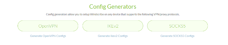 Schermata della selezione del generatore di configurazione di Windscribe