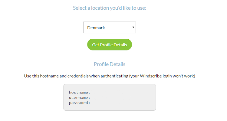 Snímka obrazovky stránky s podrobnosťami profilu Windscribe