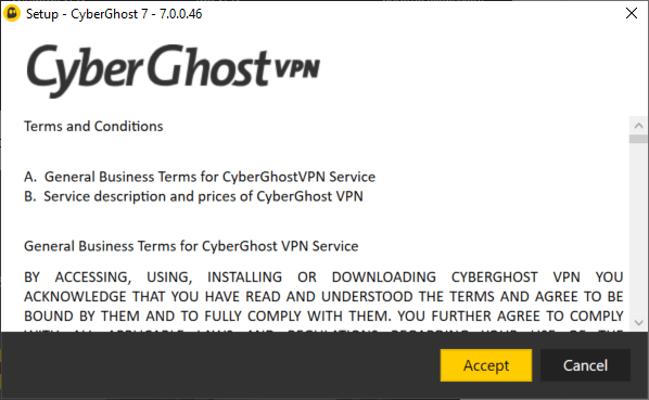 Schermata dei termini e condizioni di Cyberghost