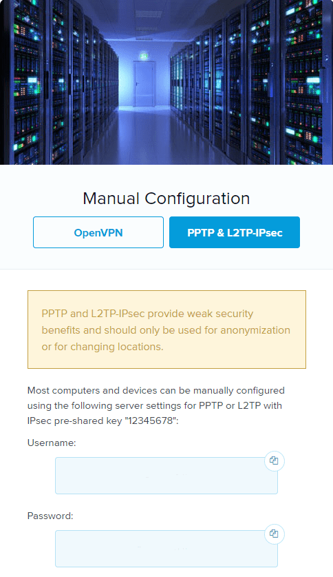 Skärmdump av ExpressVPN manuell konfigurationssida
