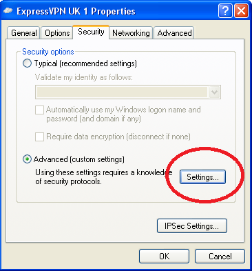 Az ExpressVPN Windows tárcsázók biztonsági beállításainak képernyőképe