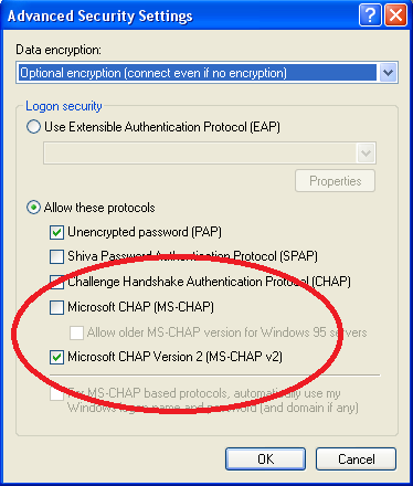Schermata delle Impostazioni di sicurezza avanzate in Windows Dialer