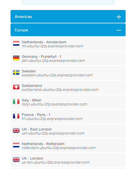 Snímka obrazovky s adresami servera ExpressVPN