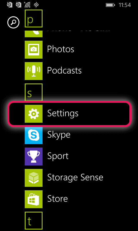 Zrzut ekranu menu Ustawienia Windows Phone