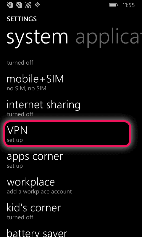Skärmdump av Windows Phone System Settings