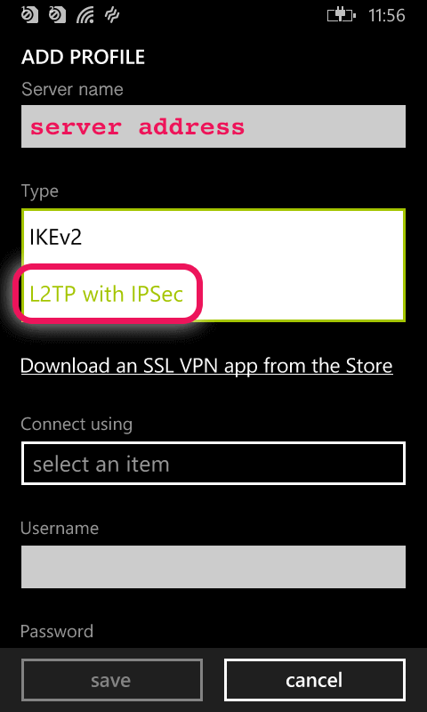 Екранна снимка, показваща как да изберете L2TP