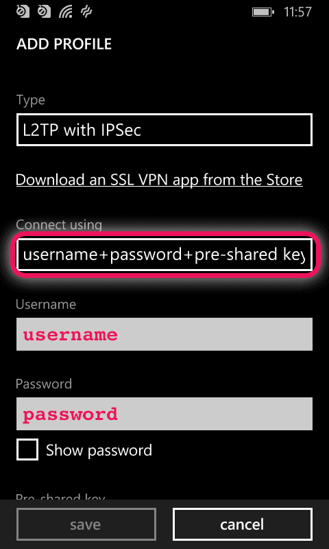 ユーザー名とパスワードのフィールドのスクリーンショット