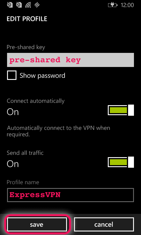 A képernyőképe, amely megmutatja, hová kell beírni az előre megosztott kulcsot