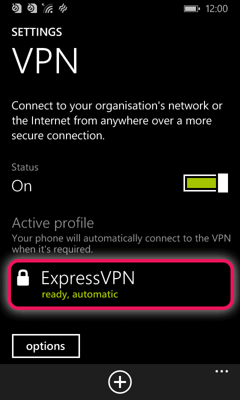 Képernyőkép, amely a csatlakoztatott VPN-t mutatja a Windows Phone-on