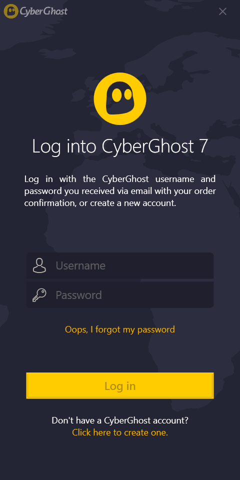 Zrzut ekranu logowania do aplikacji Cyberghost