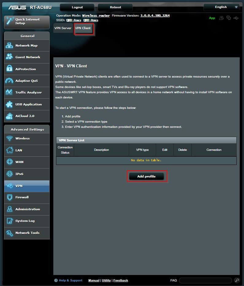 Captura de pantalla de la sección de perfil de VPN del enrutador ASUSWRT