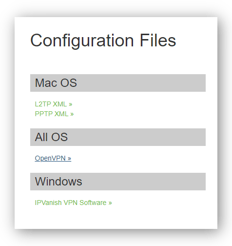 Snimka zaslona stranice za preuzimanje konfiguracijskih datoteka IPVanish OpenVPN