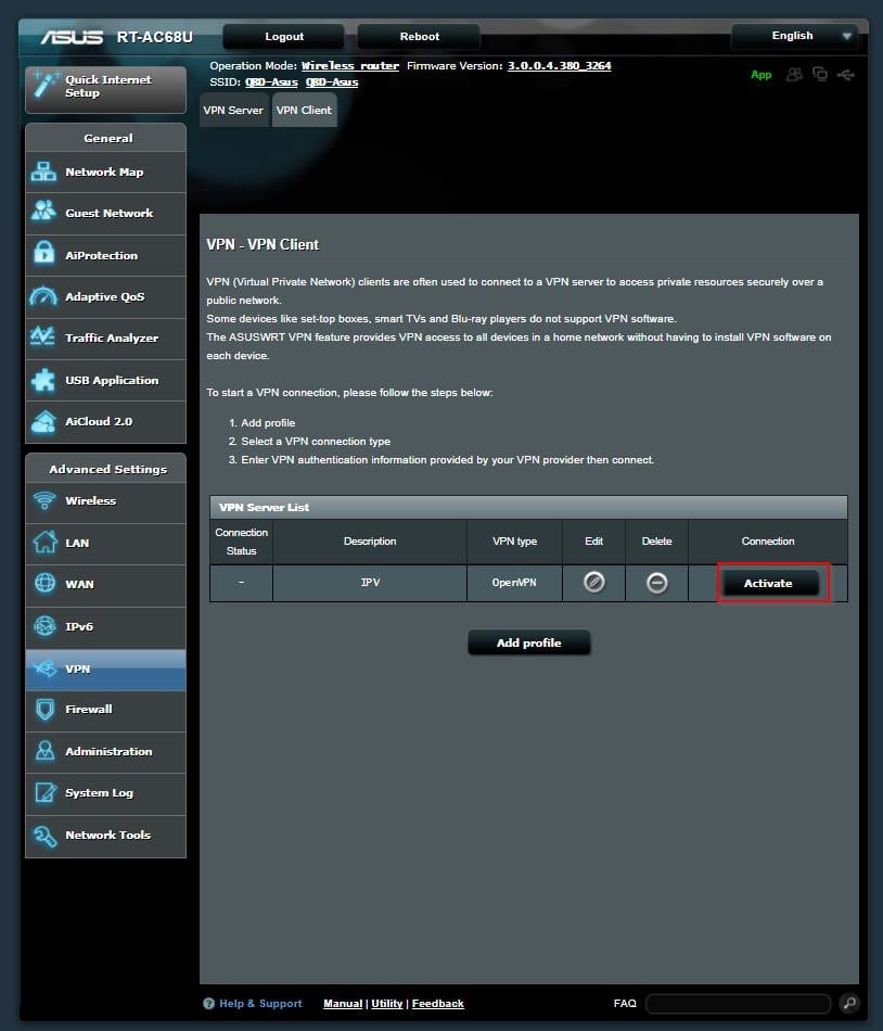 Captura de pantalla del botón de conexión VPN del enrutador ASUSWRT