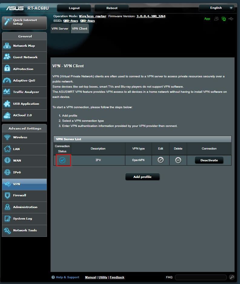Captura de pantalla del enrutador ASUSWRT VPN conectado