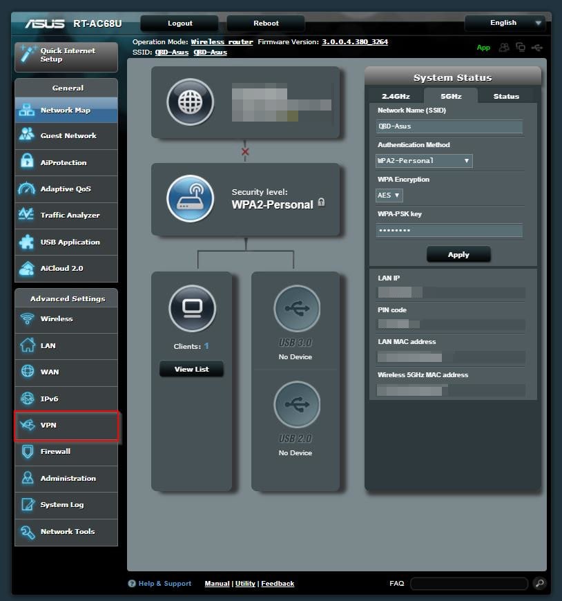 Skärmdump av ASUSWRT router instrumentpanelen