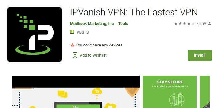 „IPVanish VPN“ programos „Google Play“ parduotuvėje ekrano kopija