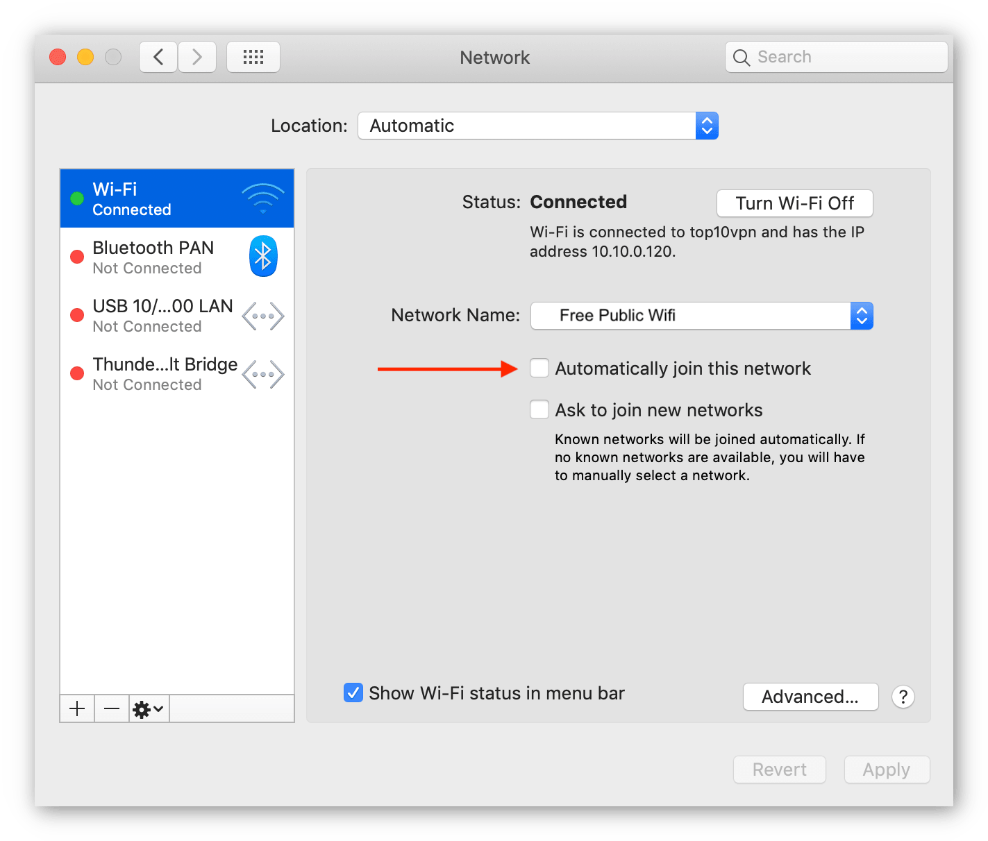 Mac'te otomatik WiFi bağlantılarını devre dışı bırakma ekran görüntüsü