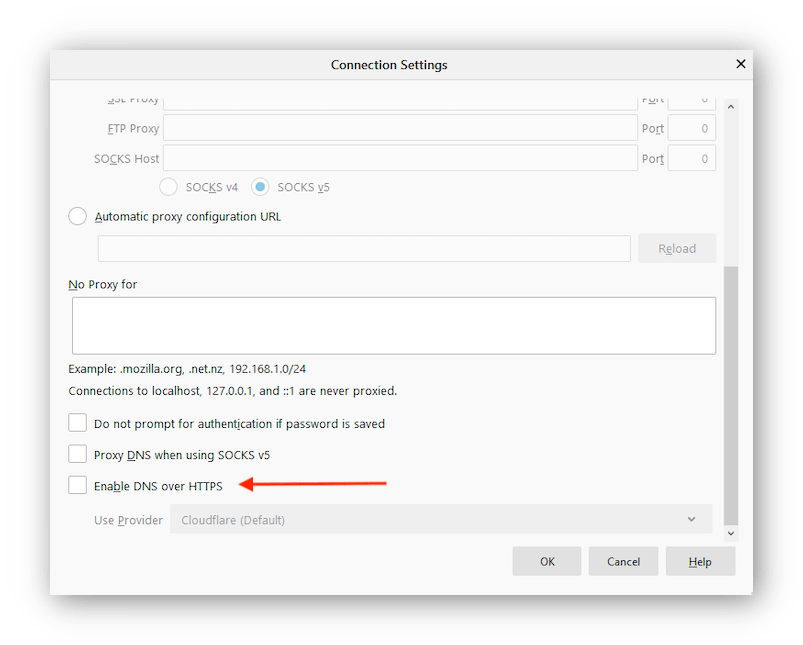 captura de tela da configuração Ativar DNS sobre HTTPS no Firefox