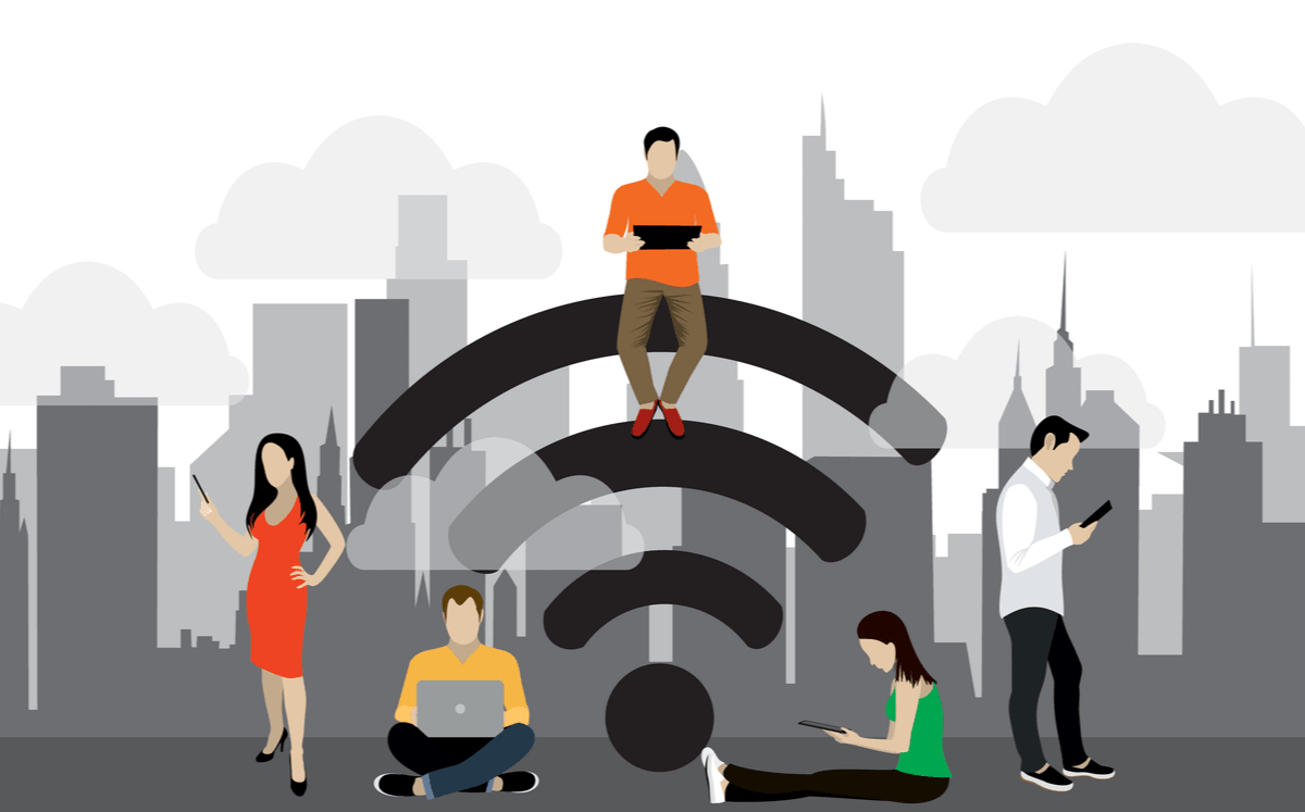 ilustrasi orang dalam tetapan awam menggunakan wifi