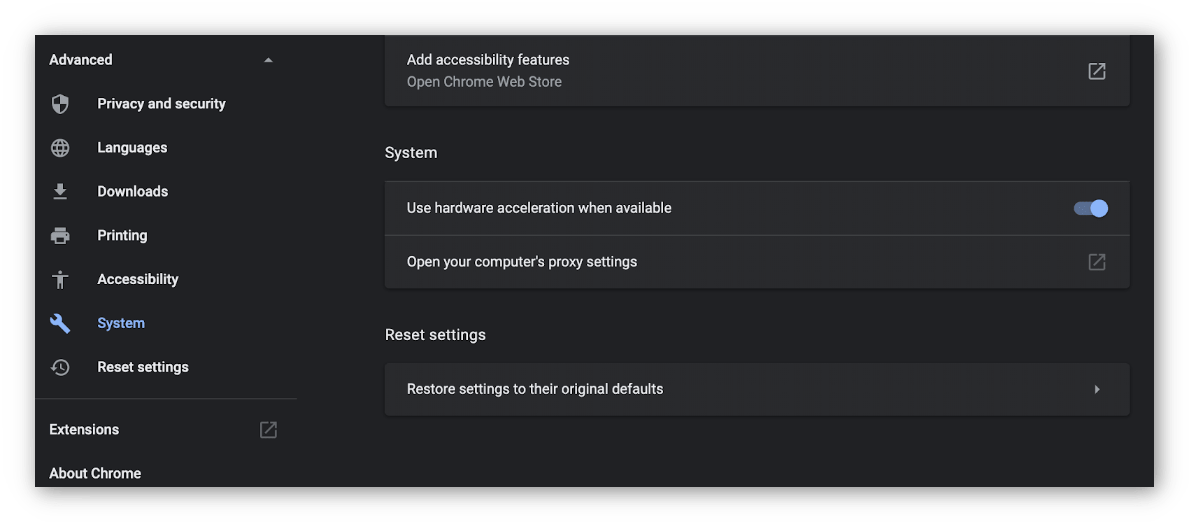 Chrome'da gelişmiş sistem tercihlerinin ekran görüntüsü