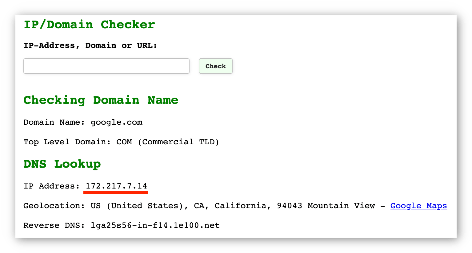 IPアドレスが表示されたGeotekのIP Checkerツールのスクリーンショット