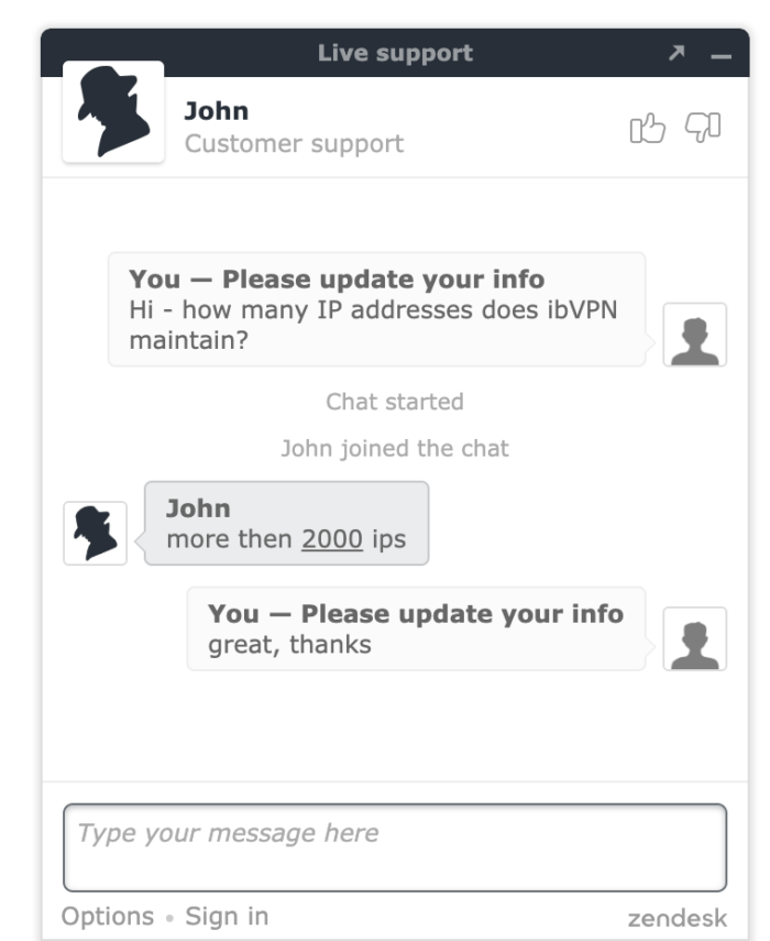 ibVPN chat support vindue
