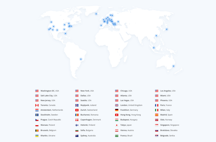 दुनिया का एक नक्शा जो IVPN के सभी वीपीएन सर्वरों को दर्शाता है