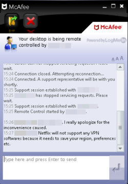 Captura de pantalla que muestra el soporte de chat en vivo de McAfee