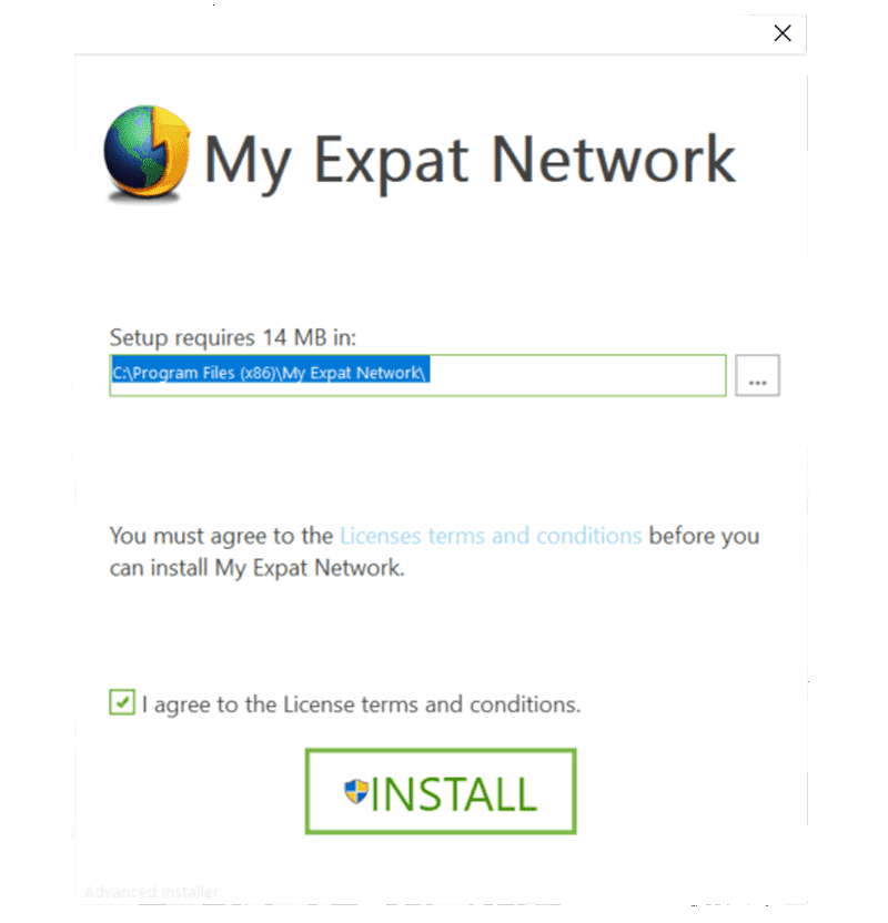 Tangkapan skrin wizard pemasangan untuk aplikasi Windows Expat Network saya