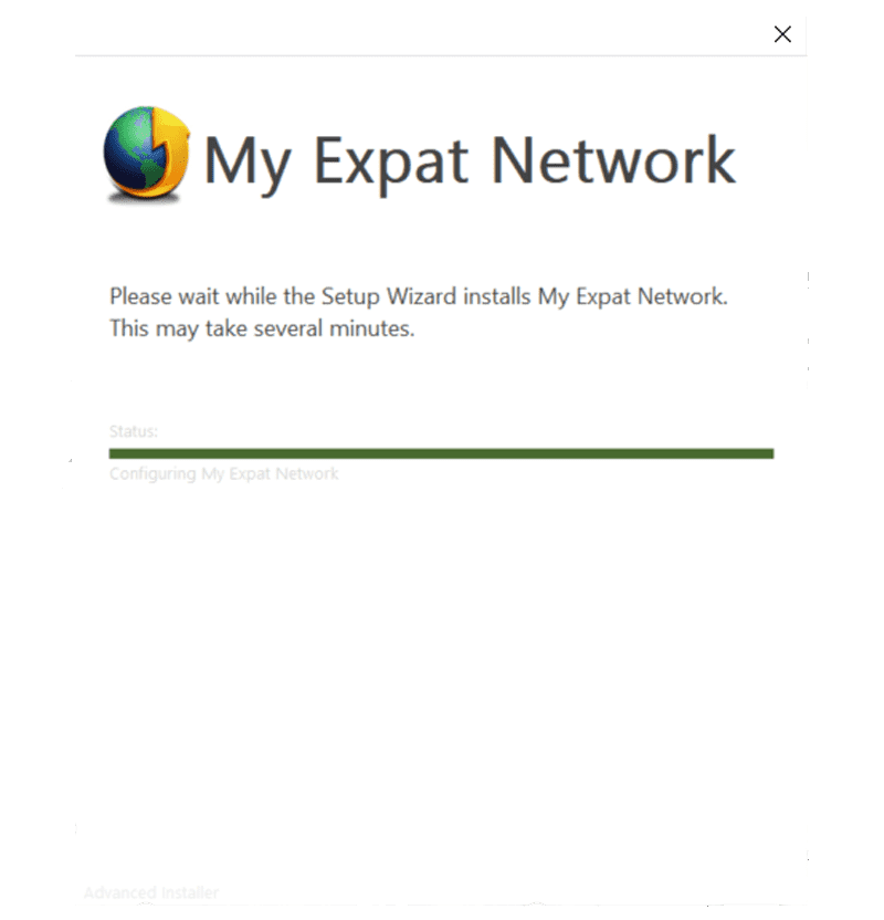 Skjermbilde av fremdriftslinjen for installasjonen av Windows-appen til My Expat Network