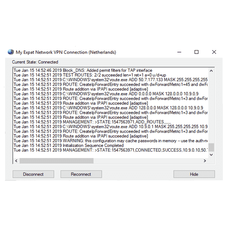 Captura de pantalla de los registros de conexión disponibles en la aplicación de Windows de My Expat Network