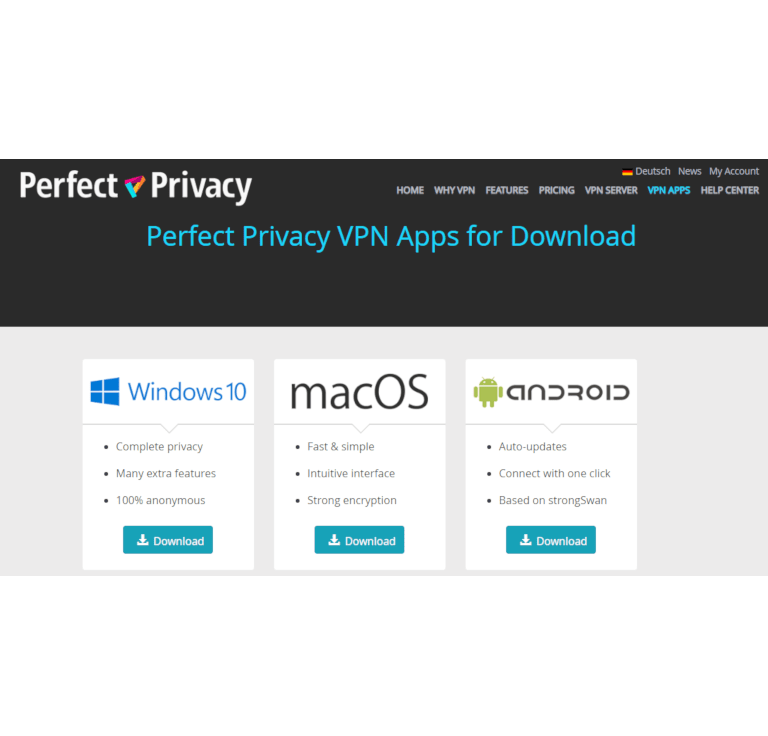 Screenshot der Download-Seite von Perfect Privacy