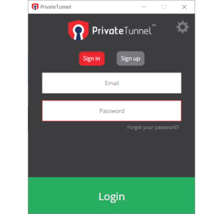 Skärmdump av inloggningen för Private Tunnel-appen