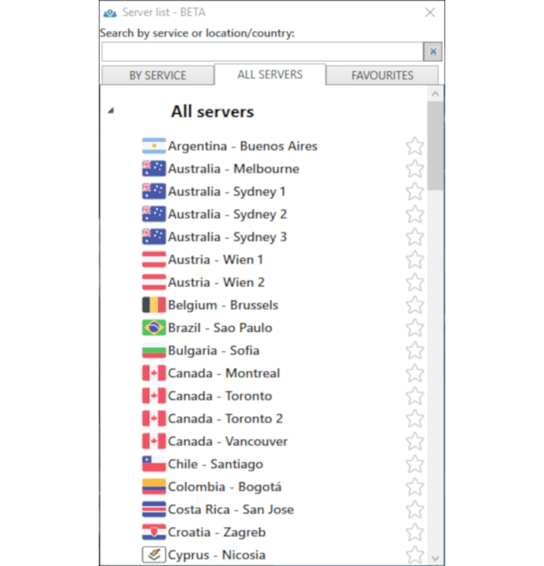 Snímka obrazovky zoznamu serverov PrivateVPN